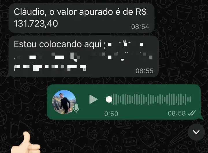 Mensagem de cliente informando valor apurado de 131.723,40